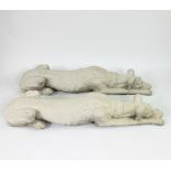 Pair of reclining greyhounds in stone (cast)