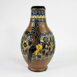 Amphora vase with enameled floral motifs and parrot, marked