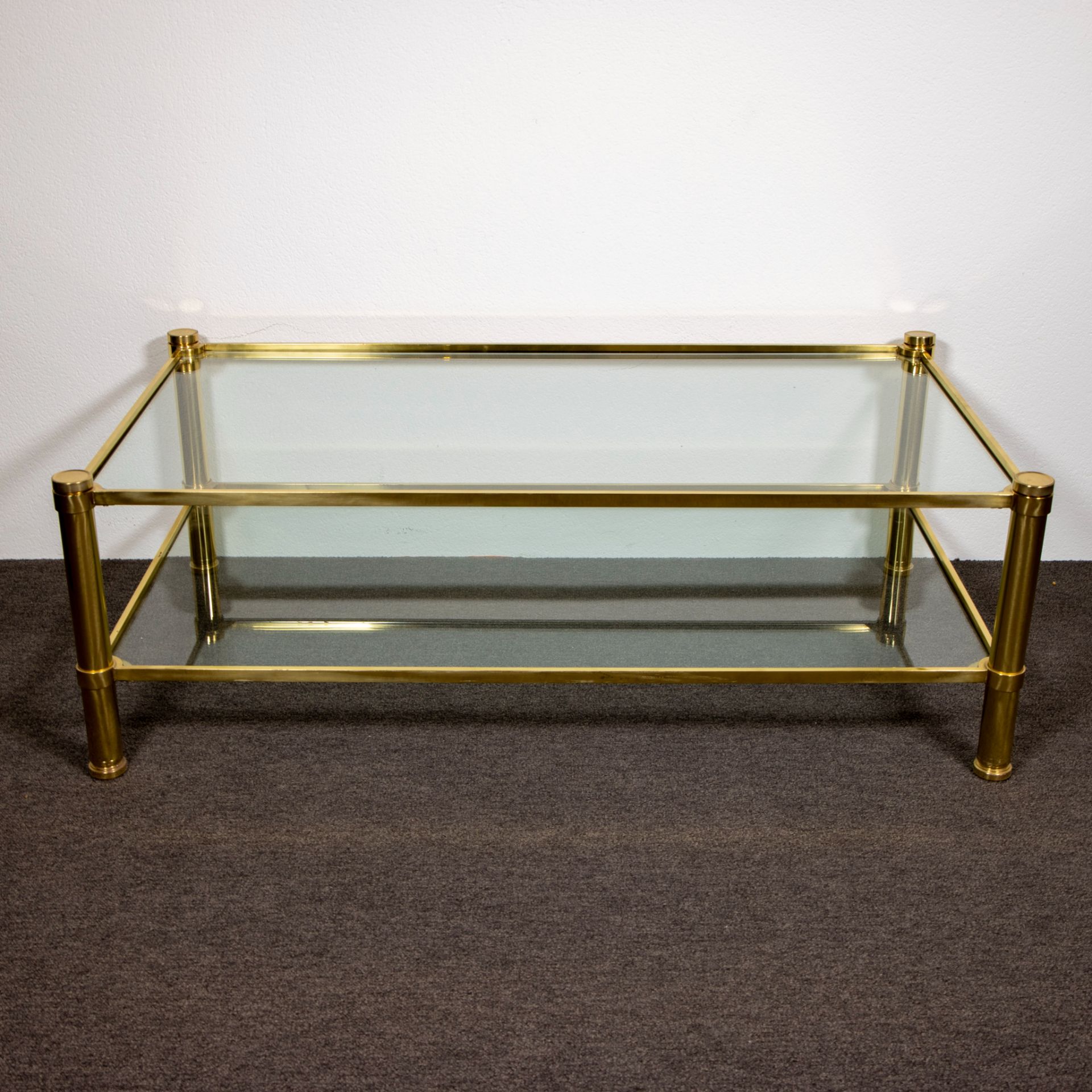 Coffee table Belgo Chrom, frame in steel and brass with clear glass.