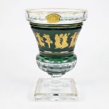 A Val Saint Lambert green crystal vase, the frieze gilt decorated with 'la danse de Flore', the bott