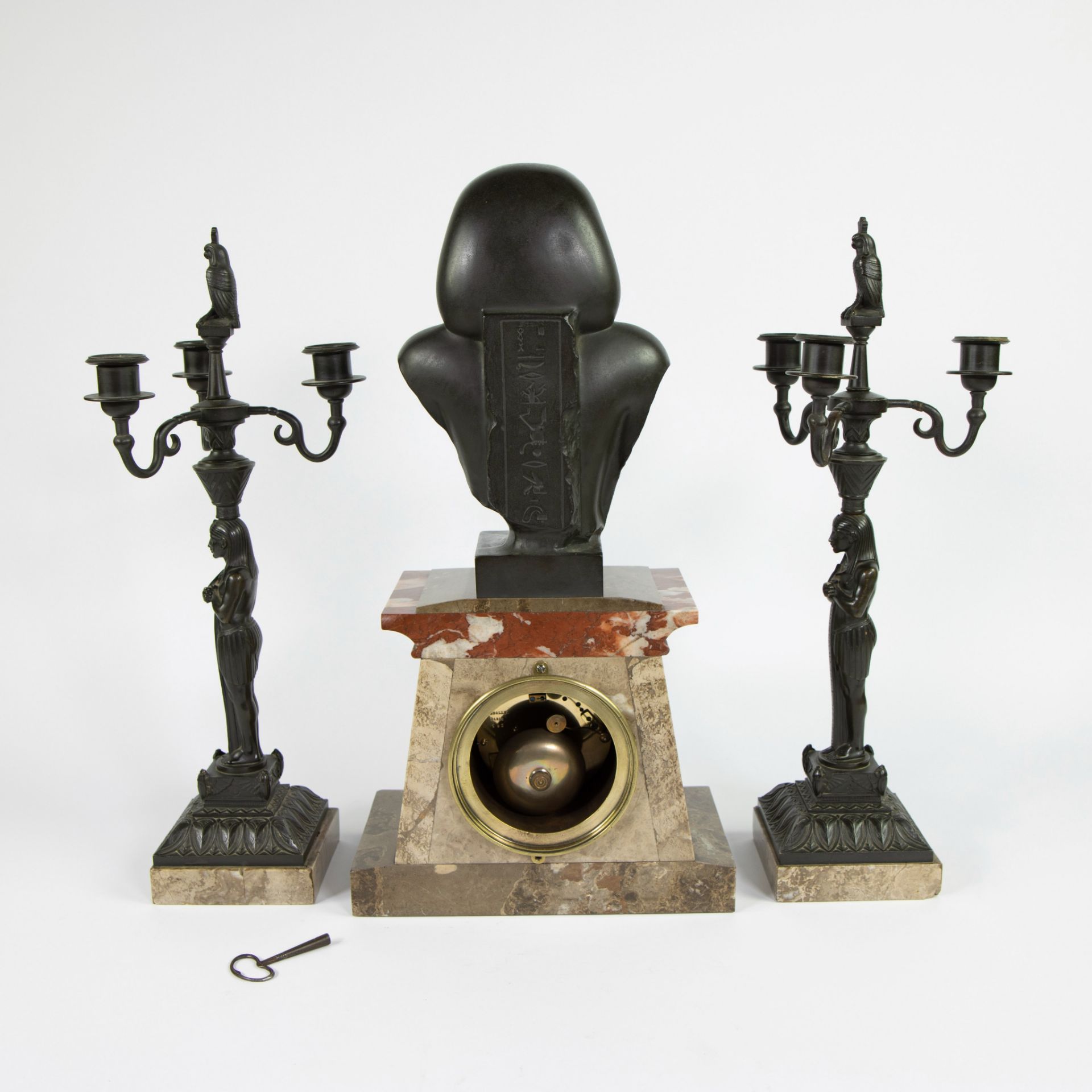 Neo-Egyptian clock Lerolle Paris brons after Emile Hébert and 2 bronze chandelier - Image 4 of 4