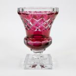 Val Saint Lambert red crystal vase model Thessalie, signed on the bottom, with original label