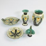 Royal Zuid-Holland, Gouda, lot of 2 vases, 2 saucers and basket of multicolored Gouda pottery with g