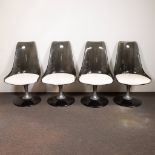 Set of 4 lucite Chromcraft Tulip dinning chairs, 1960's made of fumed plexi, white skai and brushed
