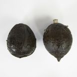Couple of French rounded coconut shell 'Bugbear' powder flasks 19th century