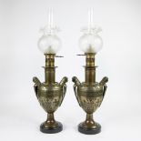 Pair of bronze vases with Egyptian motifs transformed into oil lamps