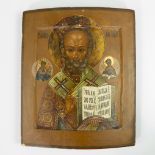 Orthodox icon SAINT NICHOLAS THE MIRACLE WORKER with open bible, carved shelf, Left and right: Chris