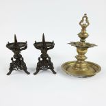 2 candlesticks and a bronze oil lamp India, 17/18th century