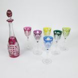 Val Saint Lambert red crystal carafe and 6 colored crystal glasses
