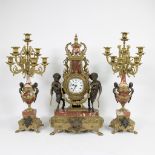 Italian mantel clock in bronze and marble with 2 candlesticks decorated with fauns
