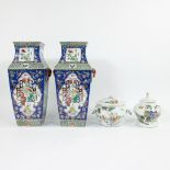 A collection of Chinese porcelain, 2 19th century lidded jars and a pair of blue famille rose vases