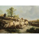 19th century Oil on canvas Shepherd with sheep, monogram.
