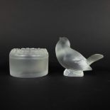 Lalique France crystal bird and a round lidded jar with dahlia flower, both marked