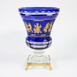 Val Saint Lambert vase decor Dance de flore cobalt blue crystal on a white crystal base decorated wi