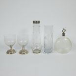 A collection of antique glass with silverware, including crystal glasses with silver base, Art Nouve