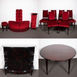 Beautiful semicircular round sofa in 2 parts, pied de stable, stool, 6 chairs, upholstered with a "r