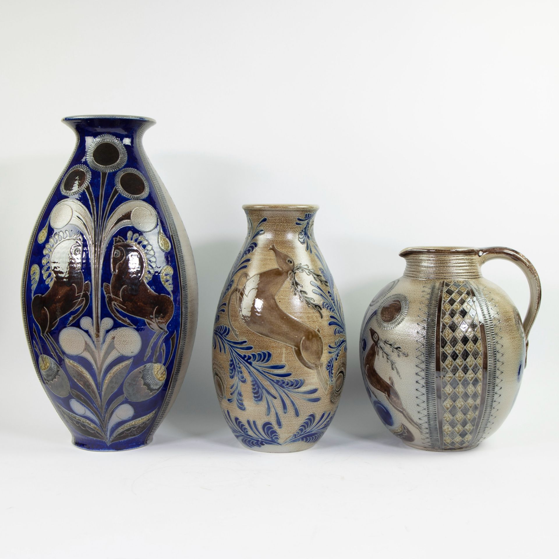 Mid-century ceramic jug and 2 vases, made of stoneware, Germany, 2 marked