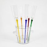 Vintage set of 6 champagne flutes with colored stems in glass ice bucket