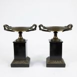 Pair of bronze tazzas with snake motifs on black marble base