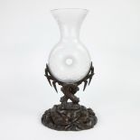 Beautiful 19th century engraved glass vase on wooden carved foot