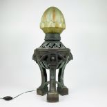 Imposing bronze castle lamp with globe in yellow glassware
