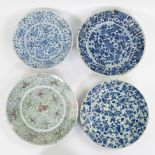 4 Delft plates, 3 blue/white and one polychrome
