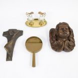 A collection of church attributes and wooden sculptured angel head (bronze cross with monogram LVP)