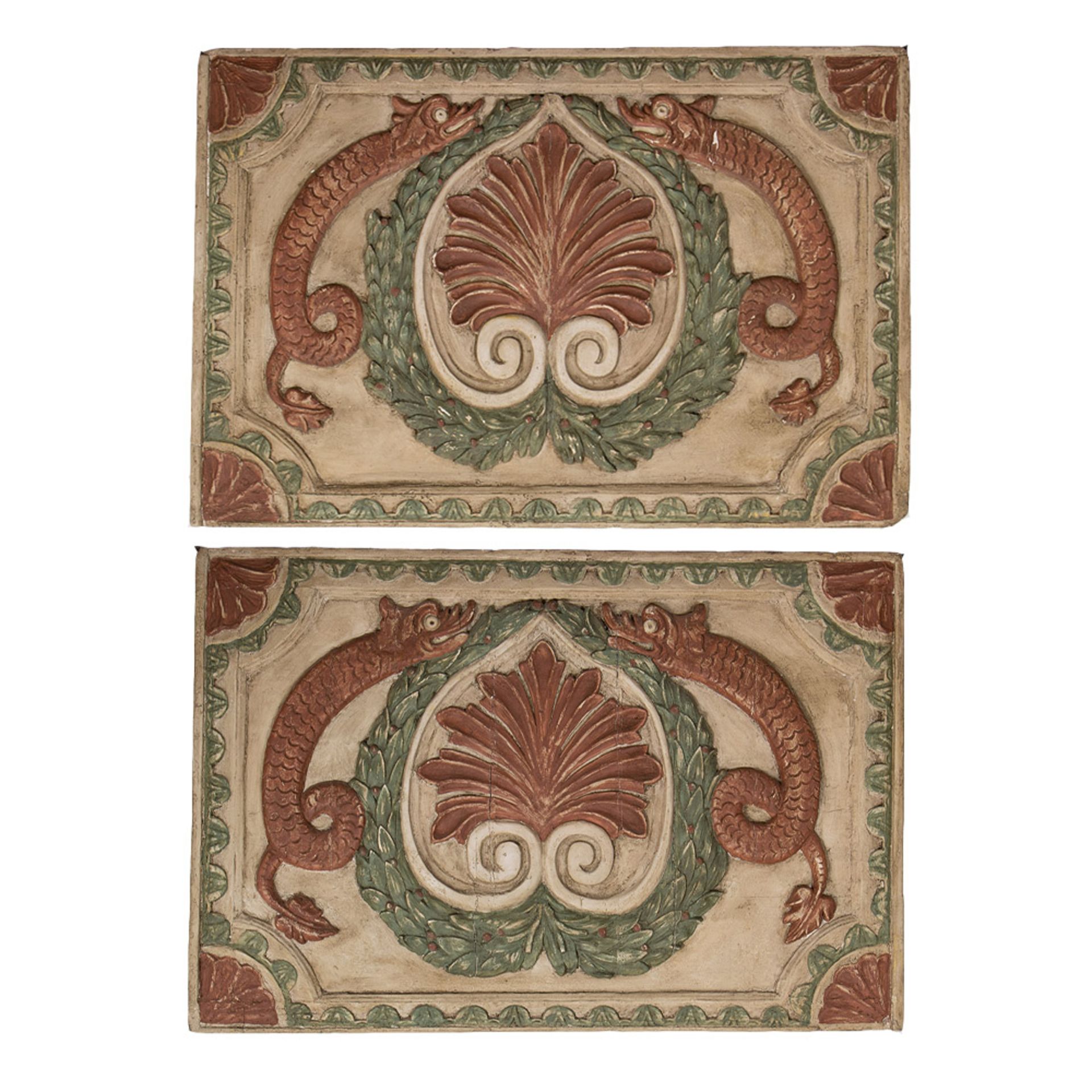 Pair of old wooden panels designed as an ornament above a castle door, beautifully elaborated in rel