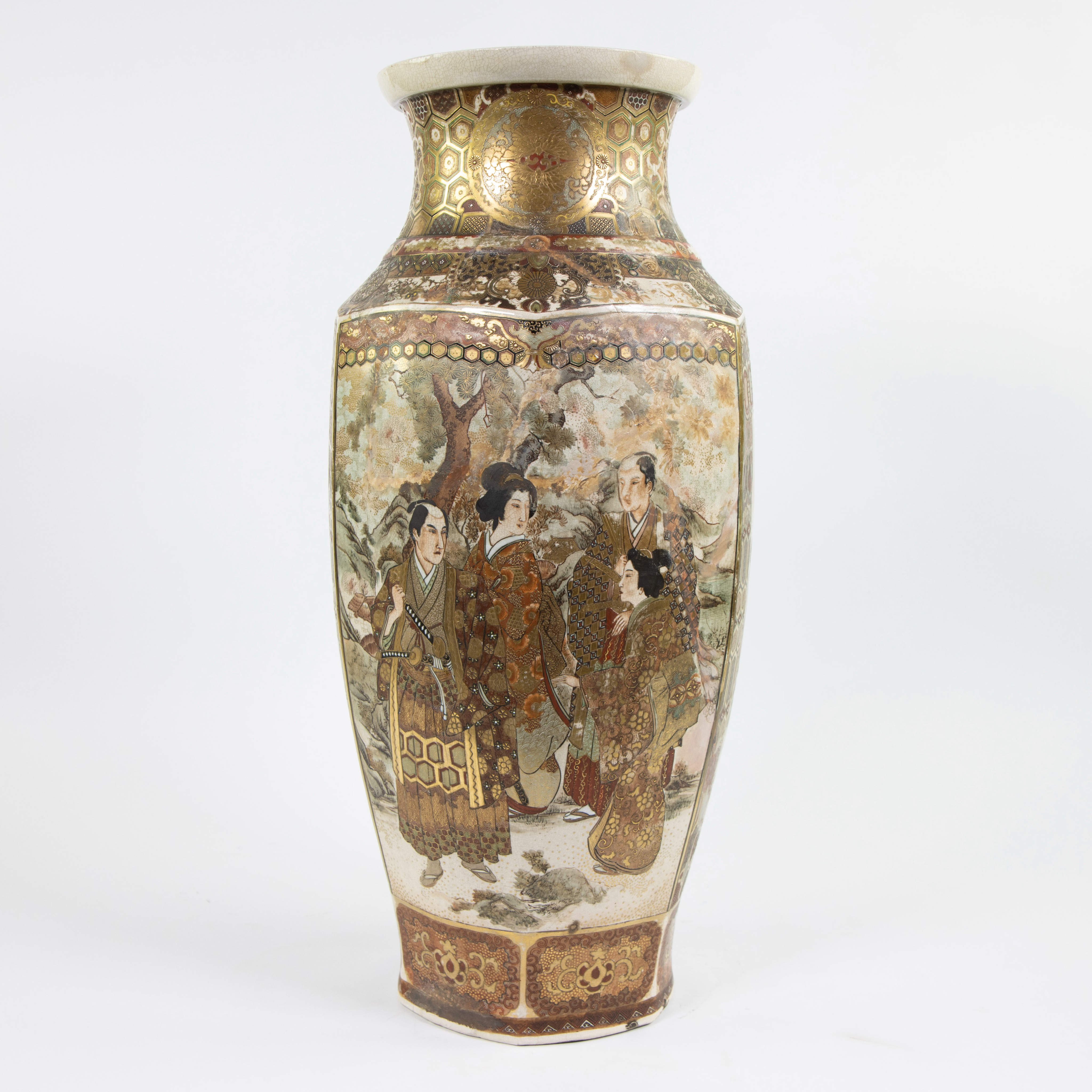 Large hexagonal Satsuma vase depicting samurai and scholars, Japan, Meiji period