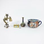 A collection of cloisonné, canton enamel, Imari and a bronze dragon with clock