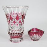 Val Saint Lambert red cut crystal vase and crystal vide de poche