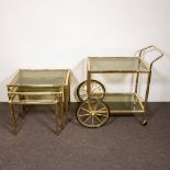 Vintage trolley and 3 nesting tables in brass and with fumed glass