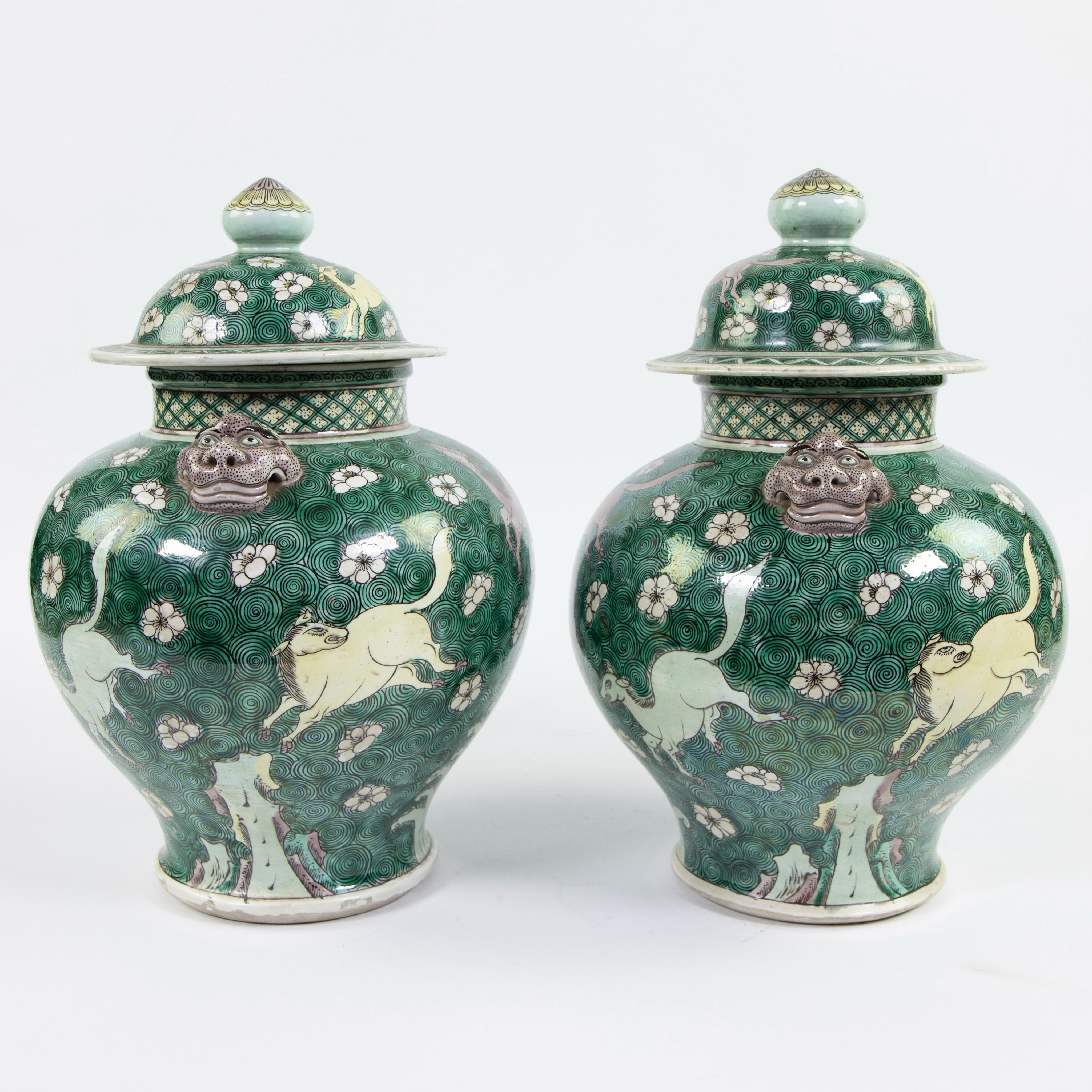 Pair Chinese lidded vases decor animals and flowers - Bild 2 aus 8