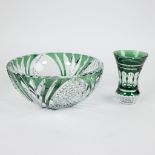 Val Saint Lambert Art Deco green cut crystal coupe and vase