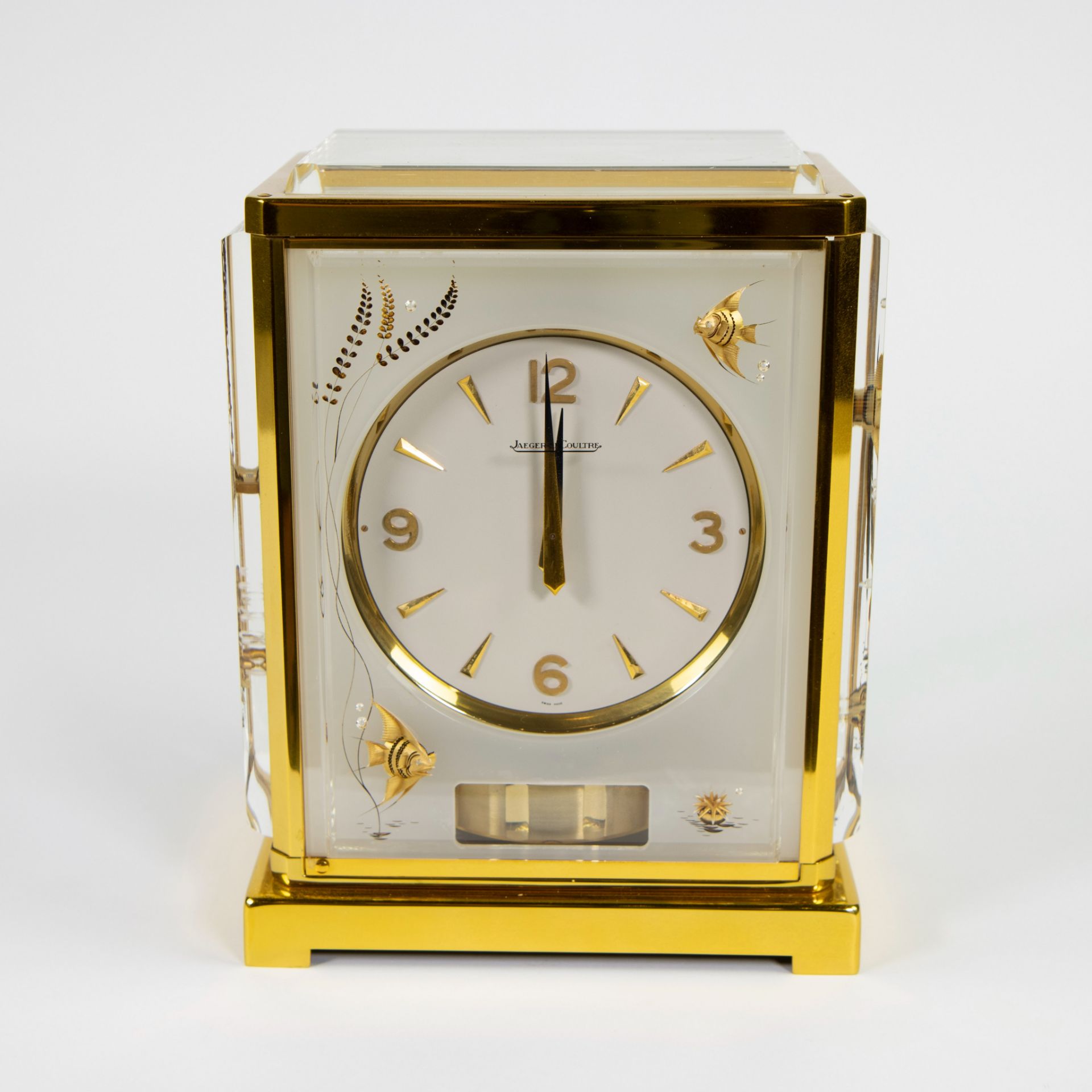 A stunning and rare Jaeger LeCoultre Mid Century Atmos Clock Marina Model, gilt brass and lucite