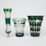 Val Saint Lambert lot of 3 green cut vases with original label