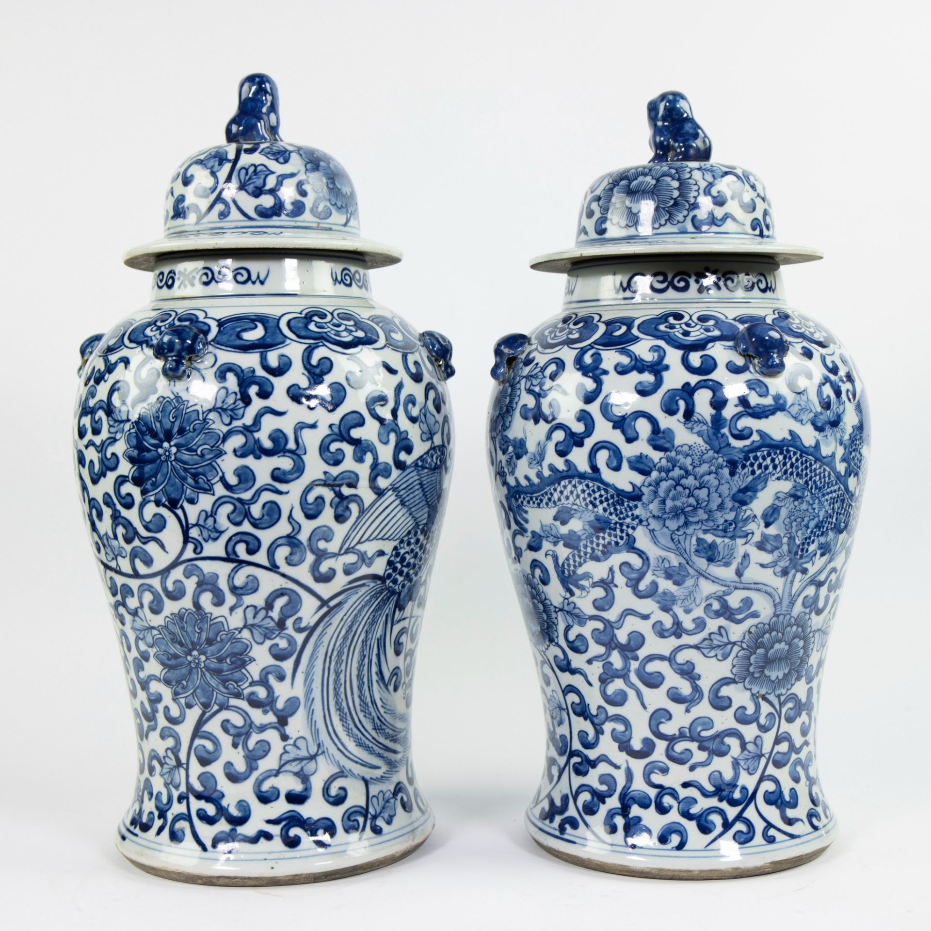 Pair of 20th century Chinese blue/white lidded vases - Image 4 of 8