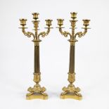 A pair of gilt bronze candlesticks with four light points and on three lion's feet.