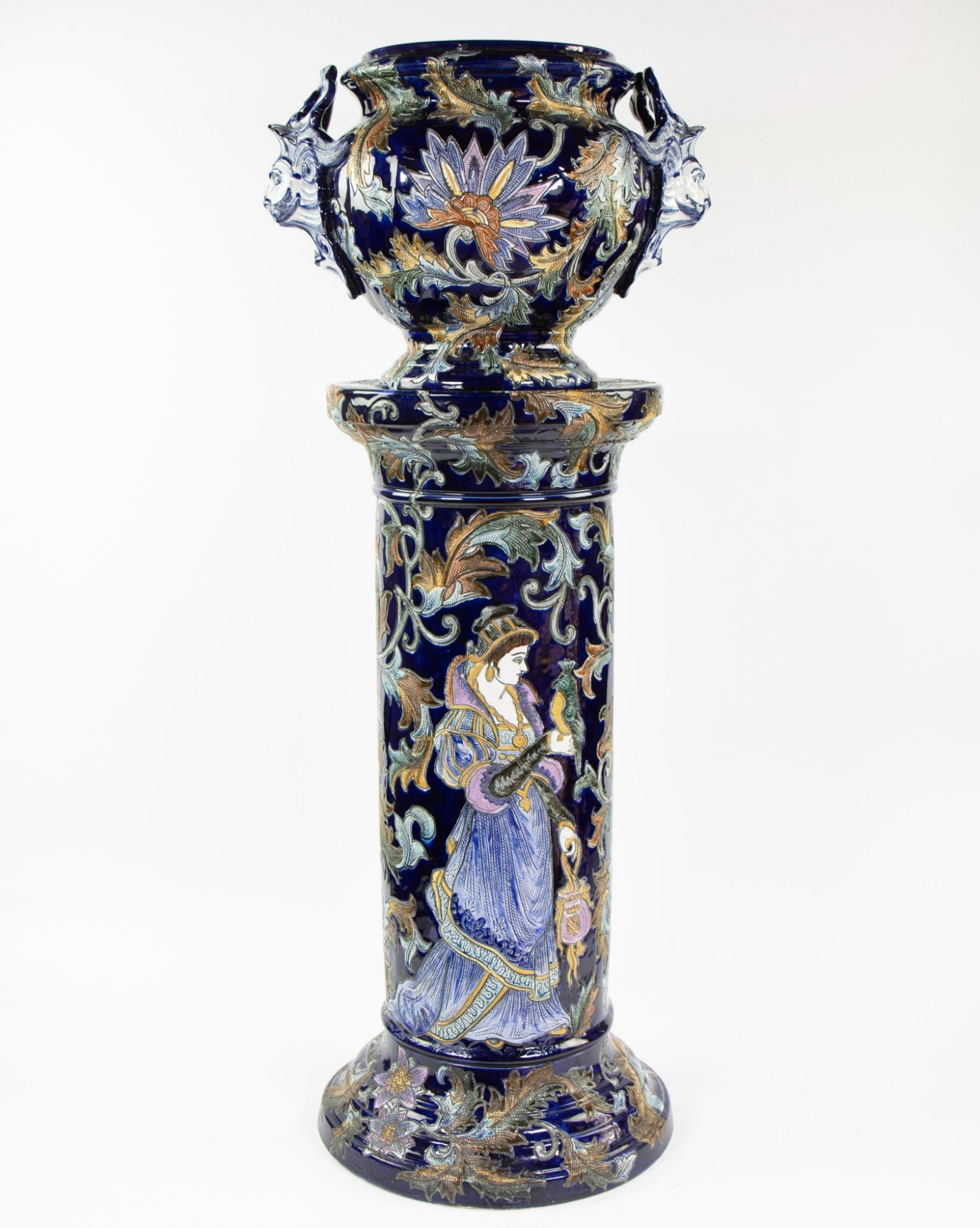 Beautiful two-piece glazed ceramic plant stand decorated with satyrs and floral motifs, circa 1900. - Image 4 of 6