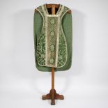 Wooden stand with 19th century chasuble in silk satin with silver and gold brocade