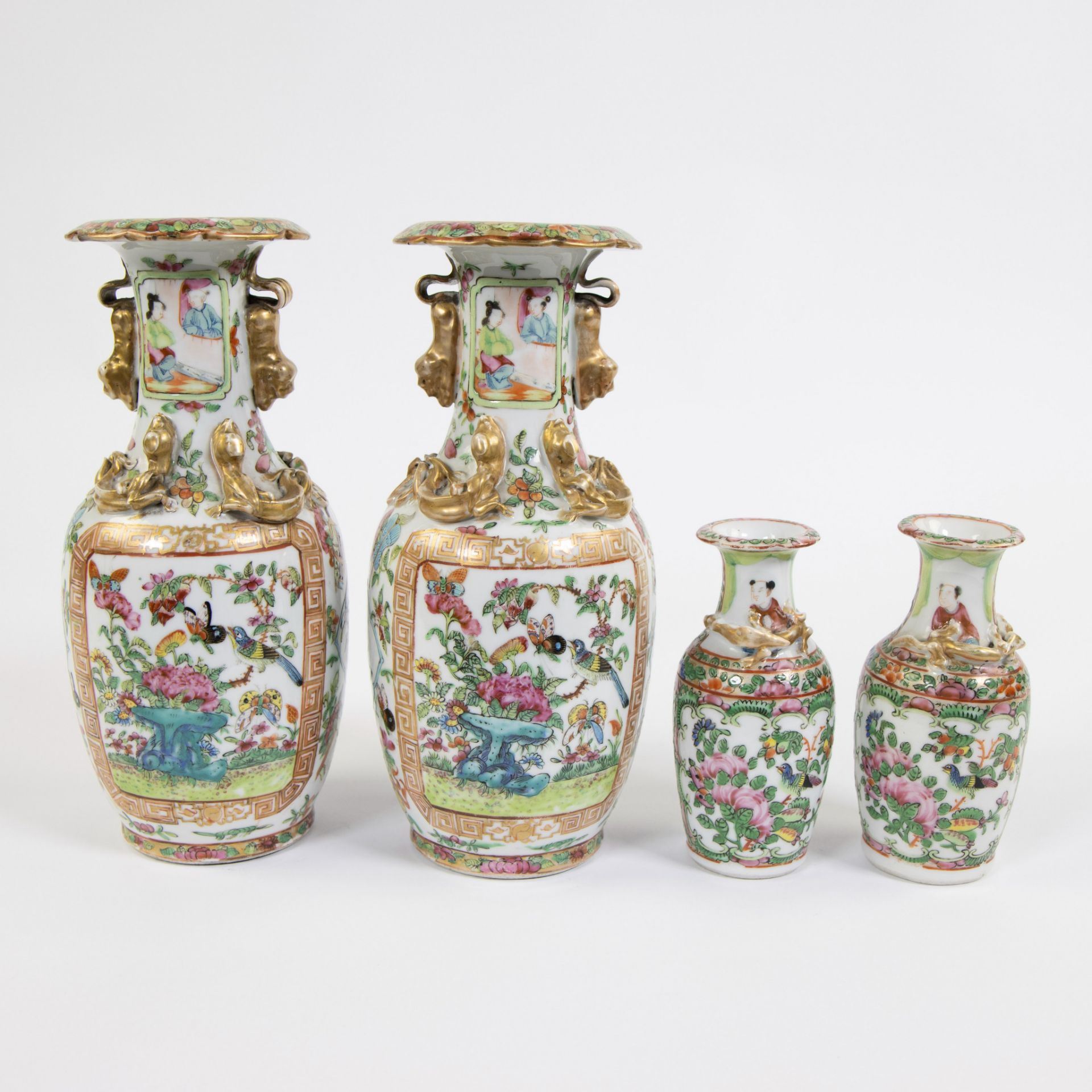 Two Canton porcelain vases and two smaller vases. Decorated in famille rose enamels enhanced with go - Image 3 of 6