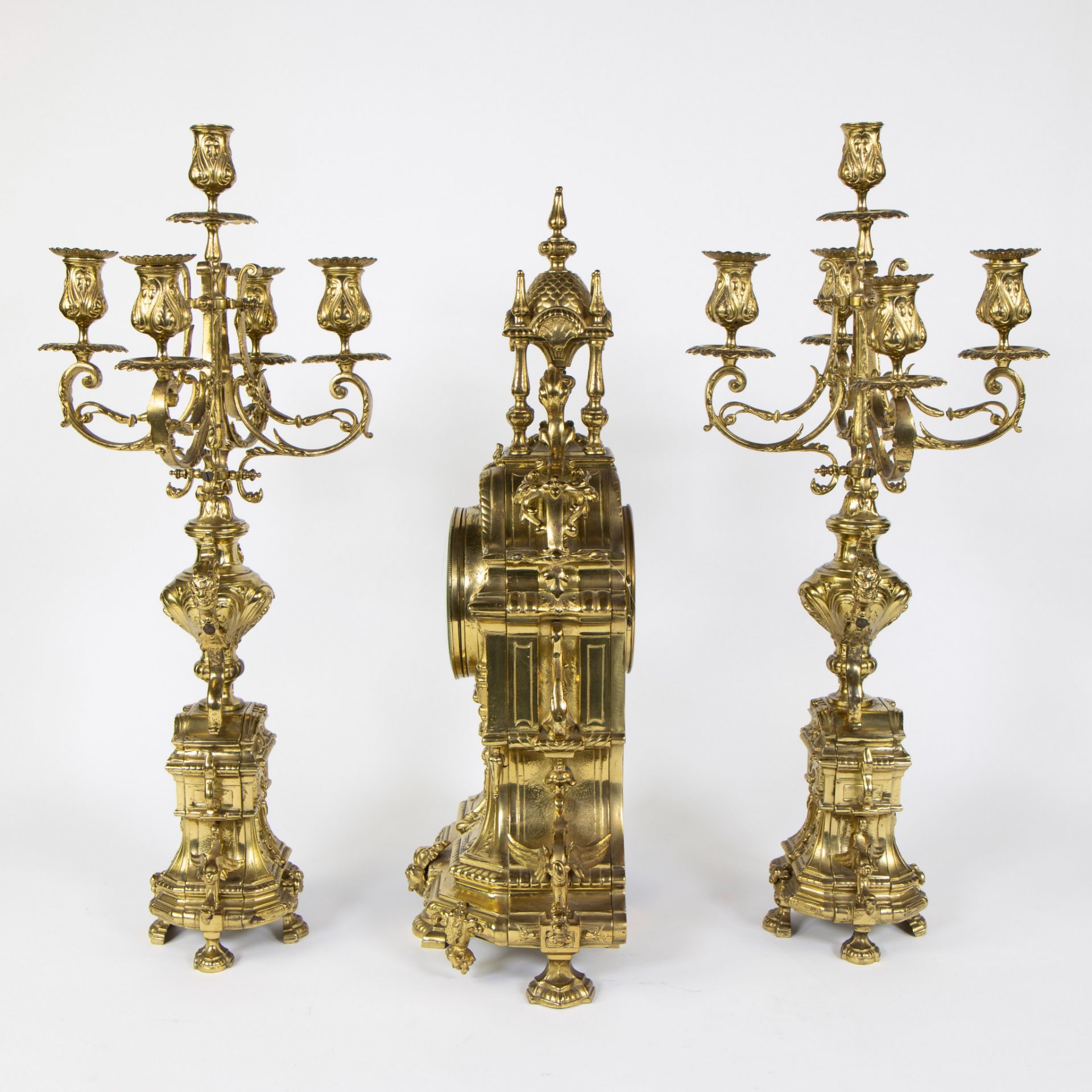 Large gold-plated clock garniture, clock with 2 candlesticks - Image 2 of 4