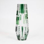 Val Saint Lambert green cut Art Deco crystal vase, signed