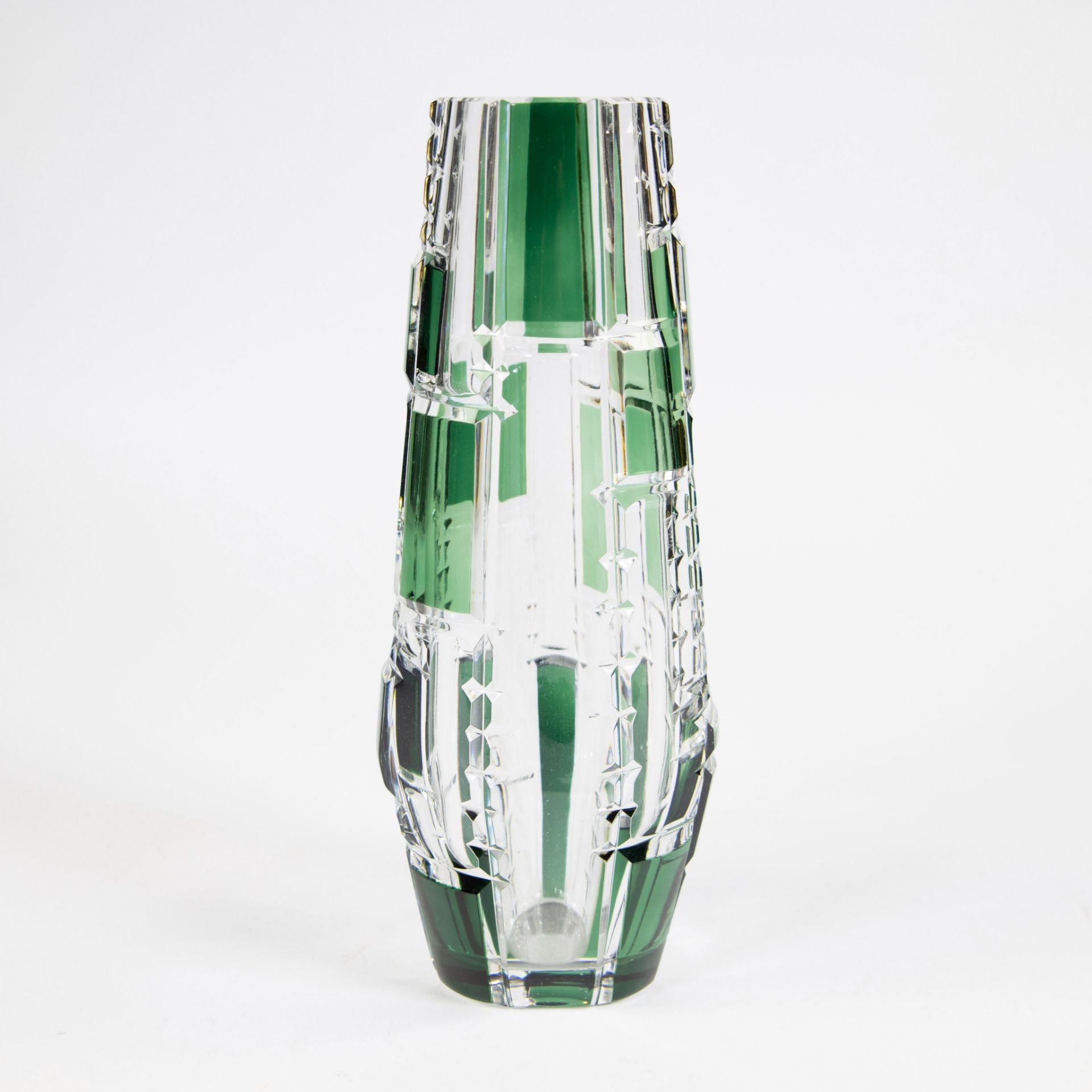 Val Saint Lambert green cut Art Deco crystal vase, signed