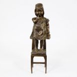 Brown patinated bronze of a naughty girl on a chair, after a work by Juan Clara, signed Mene