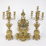 Large gold-plated clock garniture, clock with 2 candlesticks