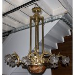 Bronze Art Deco chandelier with central coupe in flamed glass