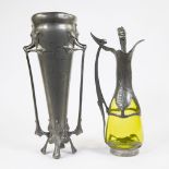 Collection of Art Nouveau pewter vase and yellow glass jug with pewter frame