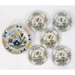 Lot of 5 small and 1 large Delft polychrome plates