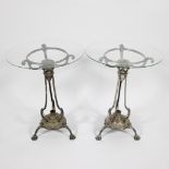 Pair of Art Nouveau tables with silver-plated brass base and glass top ca 1900, marked Goldsmiths &
